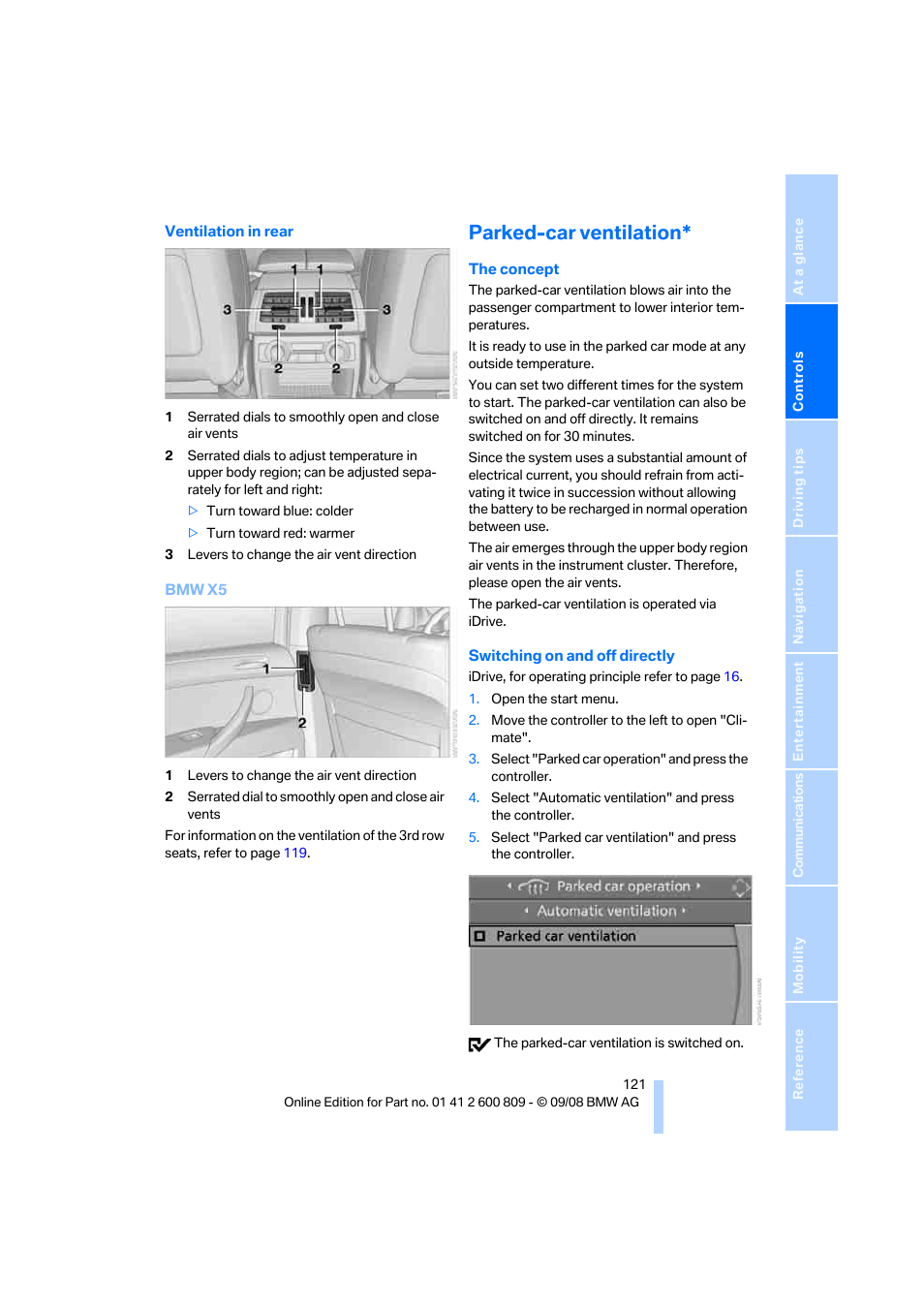 Parked-car ventilation | BMW X6 xDrive50i 2009 User Manual | Page 123 / 317