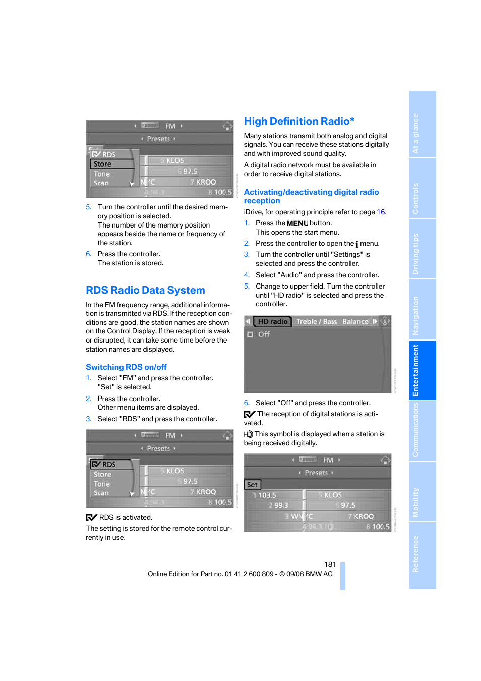 Rds radio data system, High definition radio | BMW X6 xDrive50i 2009 User Manual | Page 183 / 317