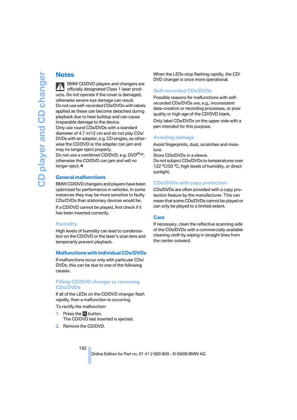 Notes, Cd player and cd changer | BMW X6 xDrive50i 2009 User Manual | Page 194 / 317