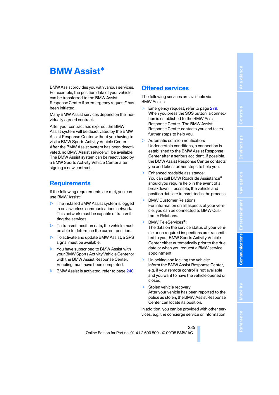 Bmw assist, Requirements, Offered services | BMW X6 xDrive50i 2009 User Manual | Page 237 / 317