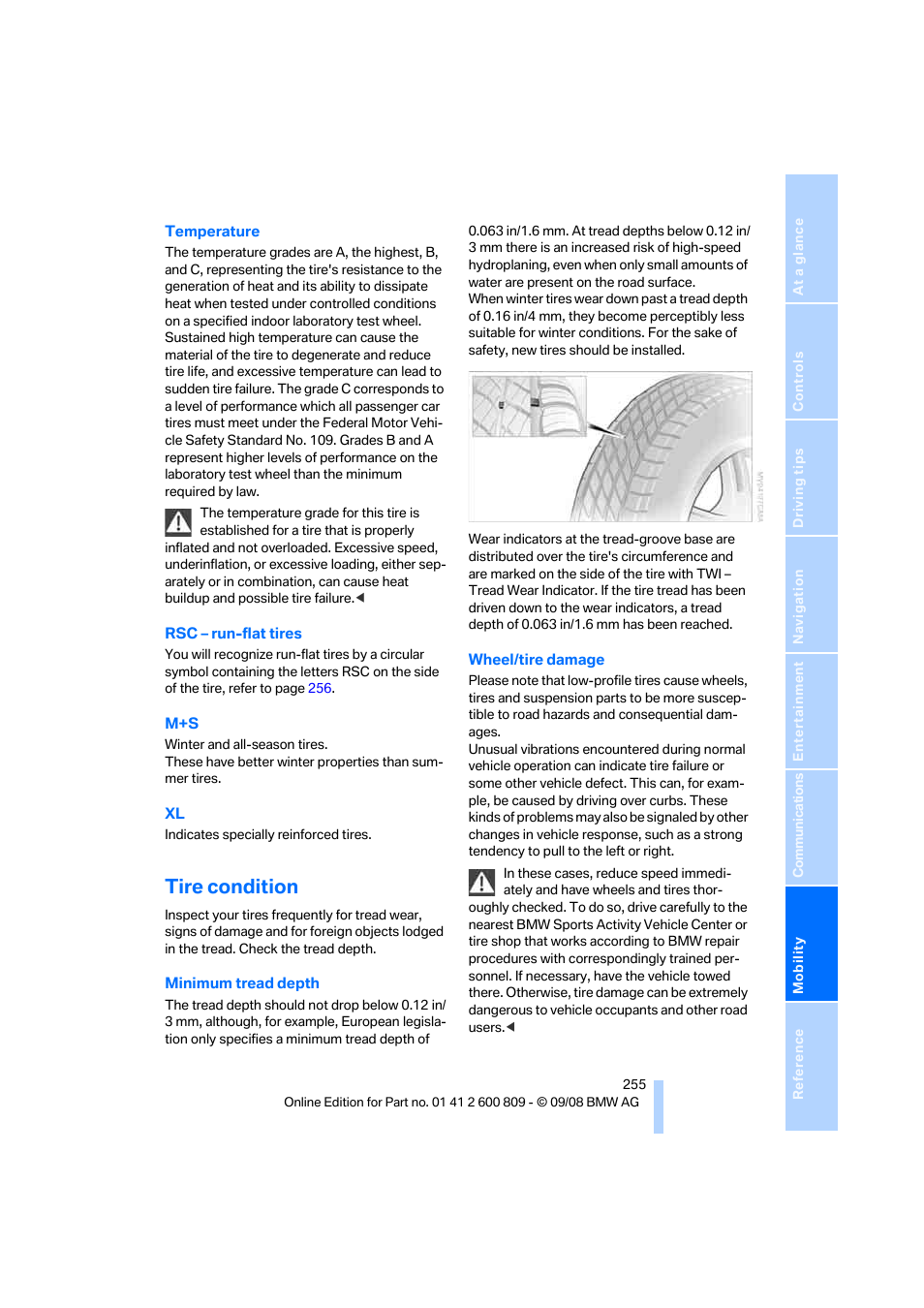 Tire condition | BMW X6 xDrive50i 2009 User Manual | Page 257 / 317