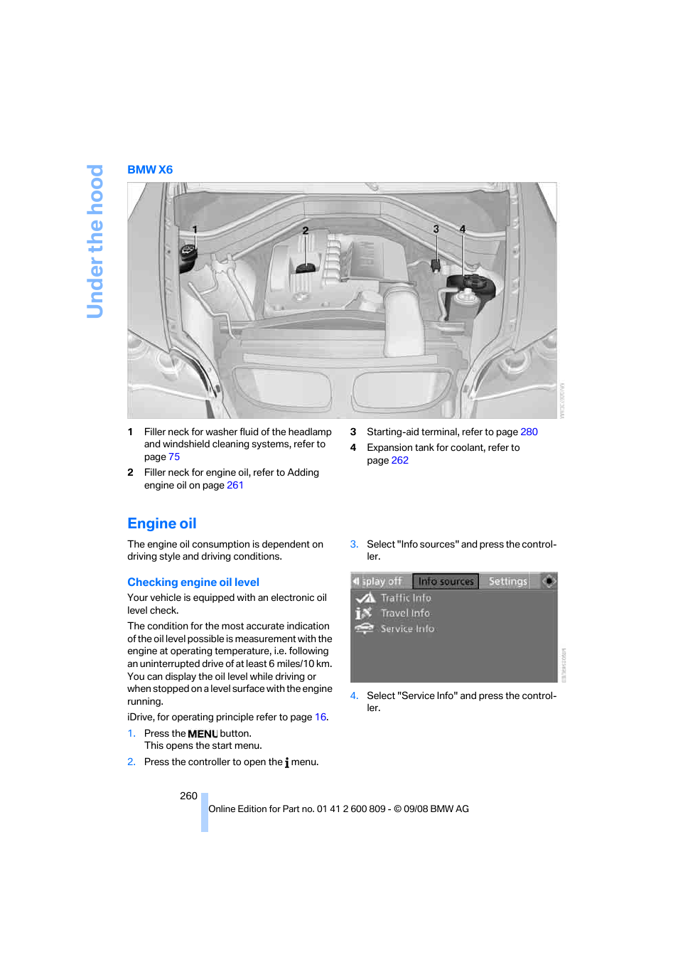 Engine oil, Under the hood | BMW X6 xDrive50i 2009 User Manual | Page 262 / 317