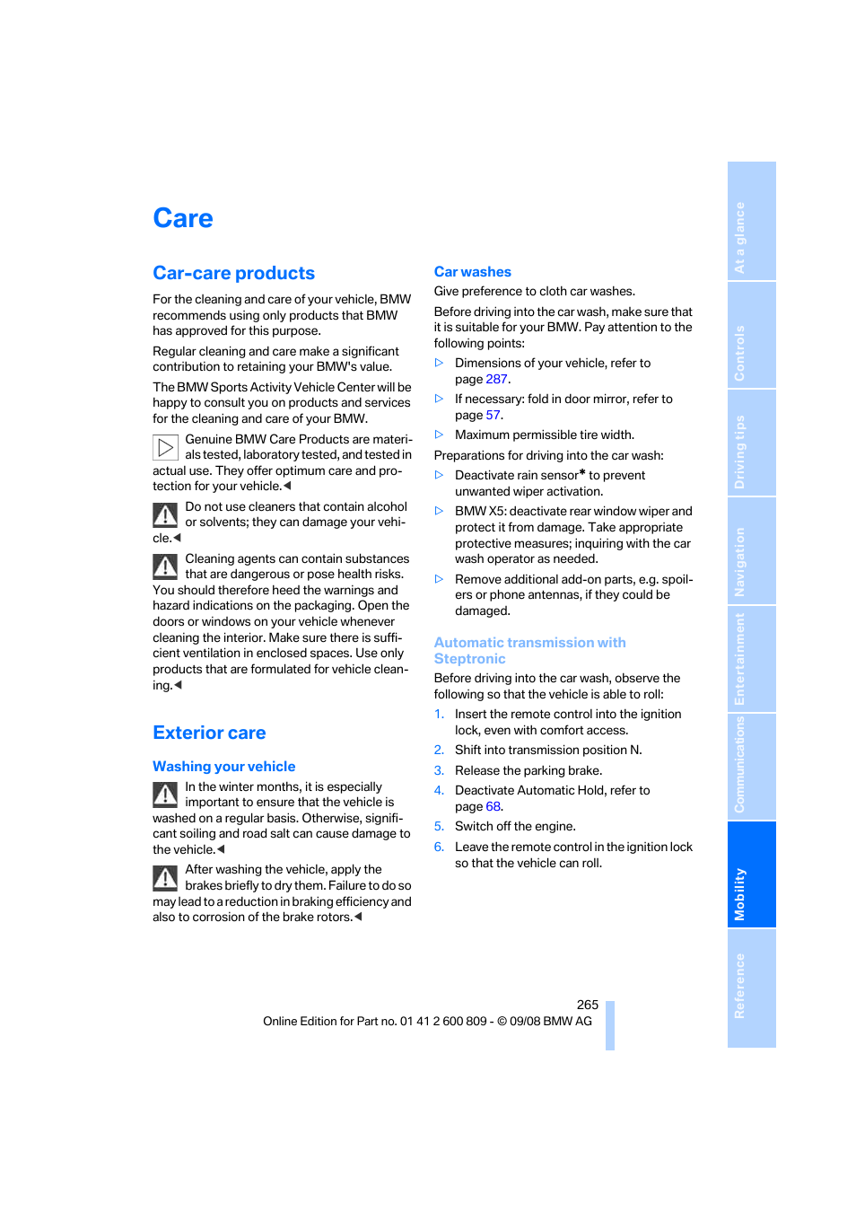 Care, Car-care products, Exterior care | BMW X6 xDrive50i 2009 User Manual | Page 267 / 317