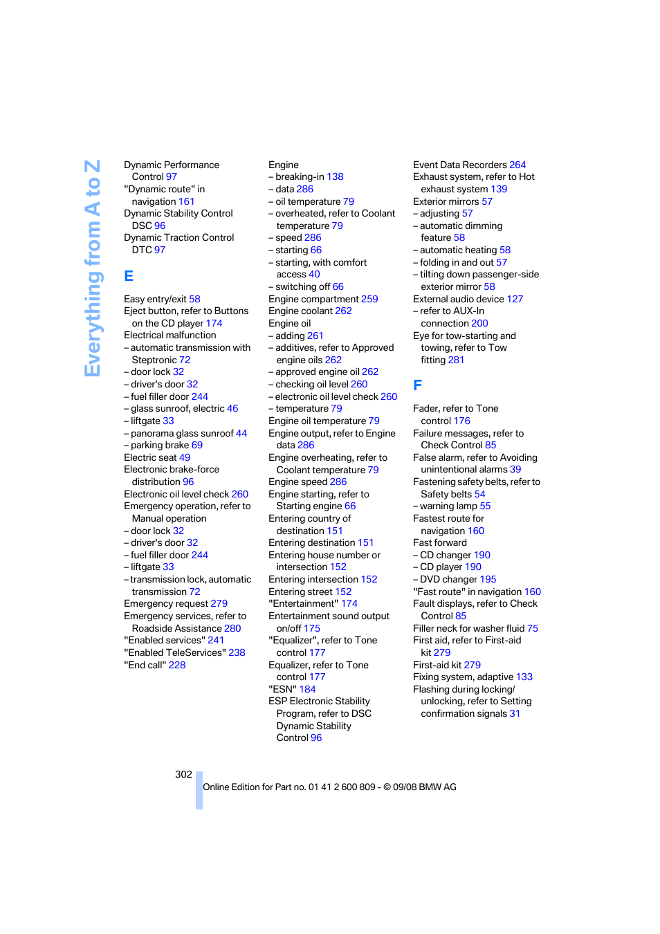 Everything from a to z | BMW X6 xDrive50i 2009 User Manual | Page 304 / 317