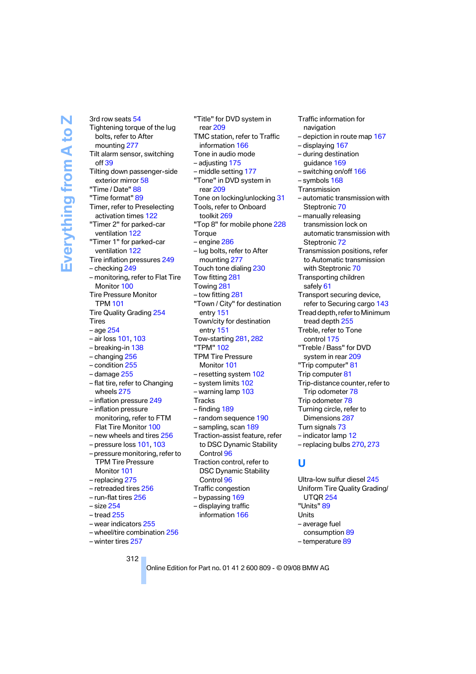 Everything from a to z | BMW X6 xDrive50i 2009 User Manual | Page 314 / 317