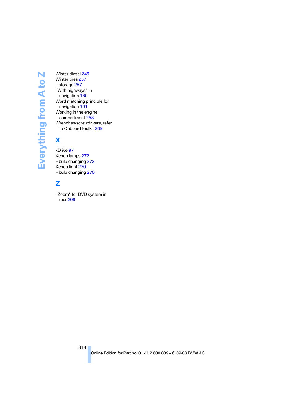 Everything from a to z | BMW X6 xDrive50i 2009 User Manual | Page 316 / 317