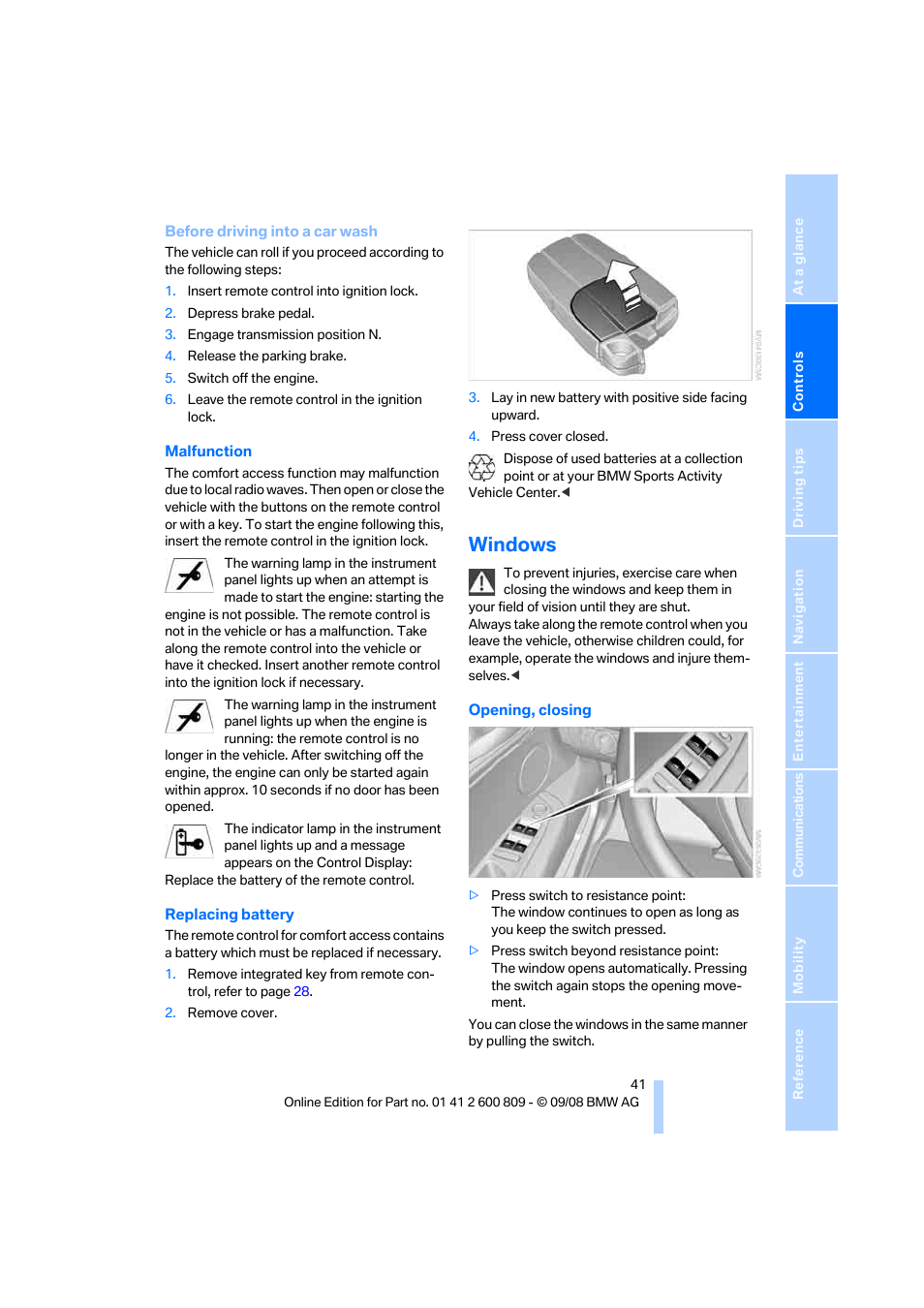 Windows | BMW X6 xDrive50i 2009 User Manual | Page 43 / 317