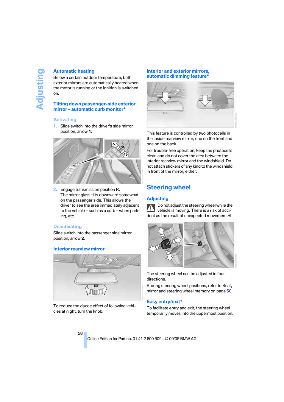 Steering wheel, Adjusting | BMW X6 xDrive50i 2009 User Manual | Page 60 / 317