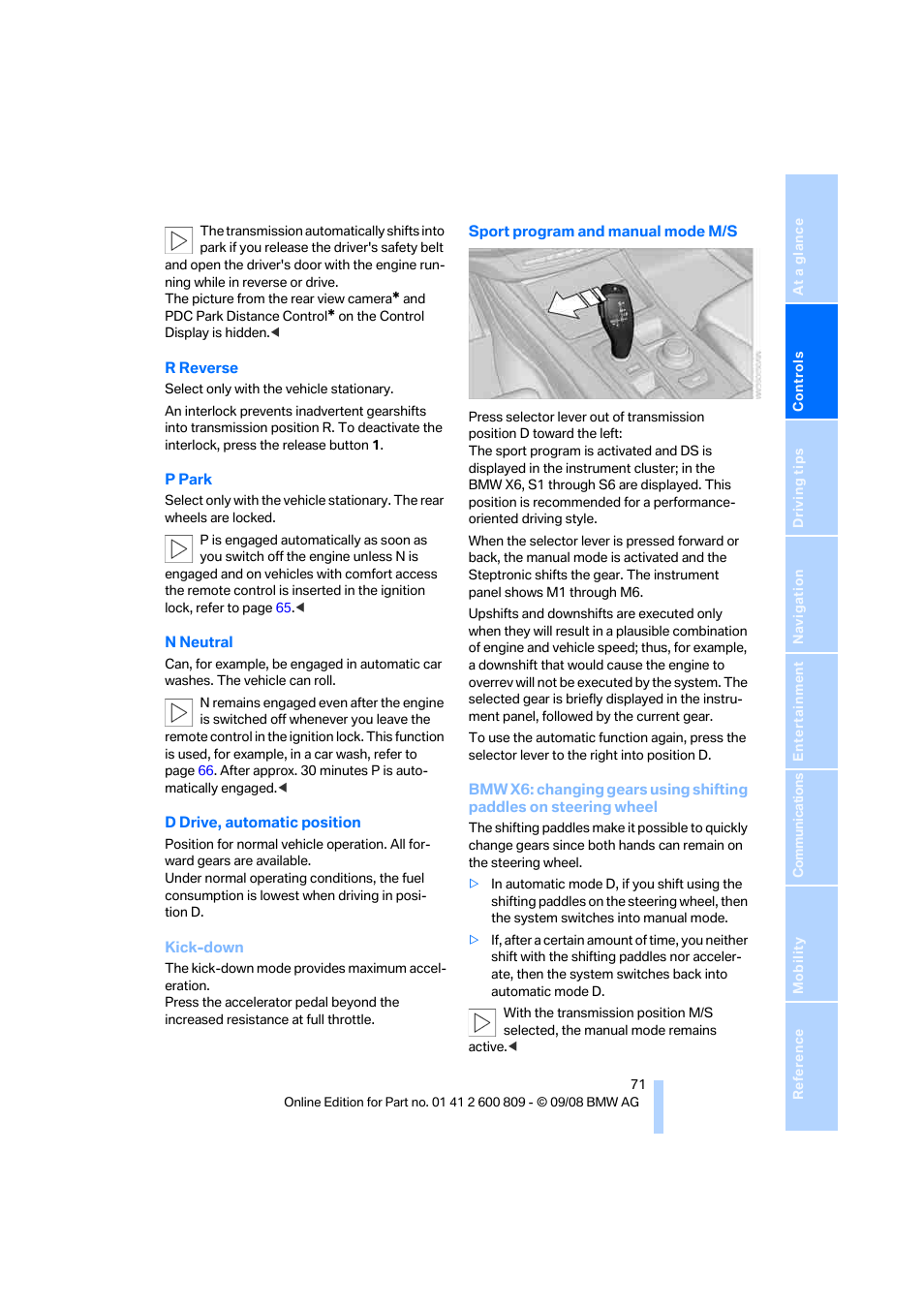 BMW X6 xDrive50i 2009 User Manual | Page 73 / 317