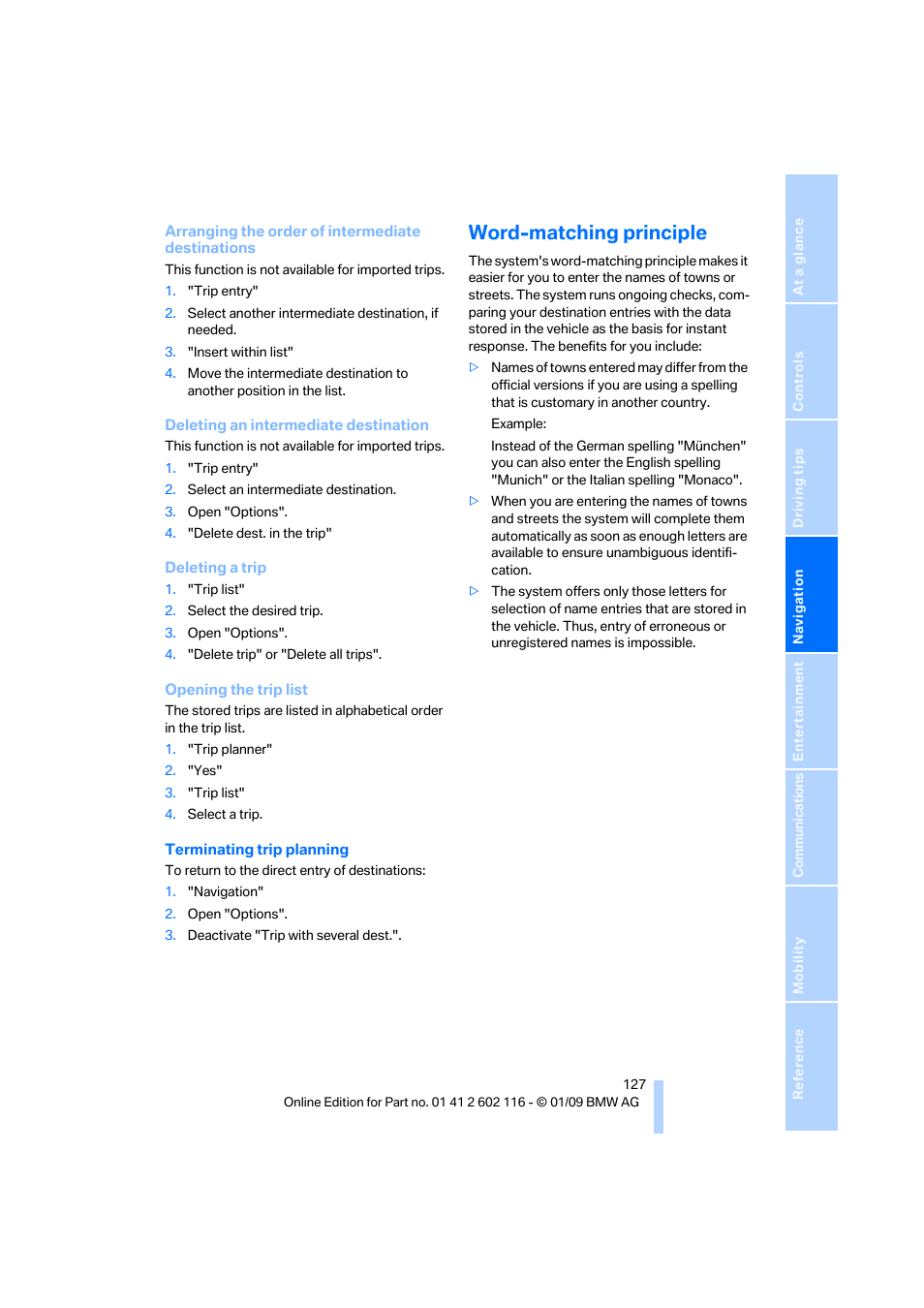 Word-matching principle | BMW Z4 sDrive35i 2009 User Manual | Page 129 / 248