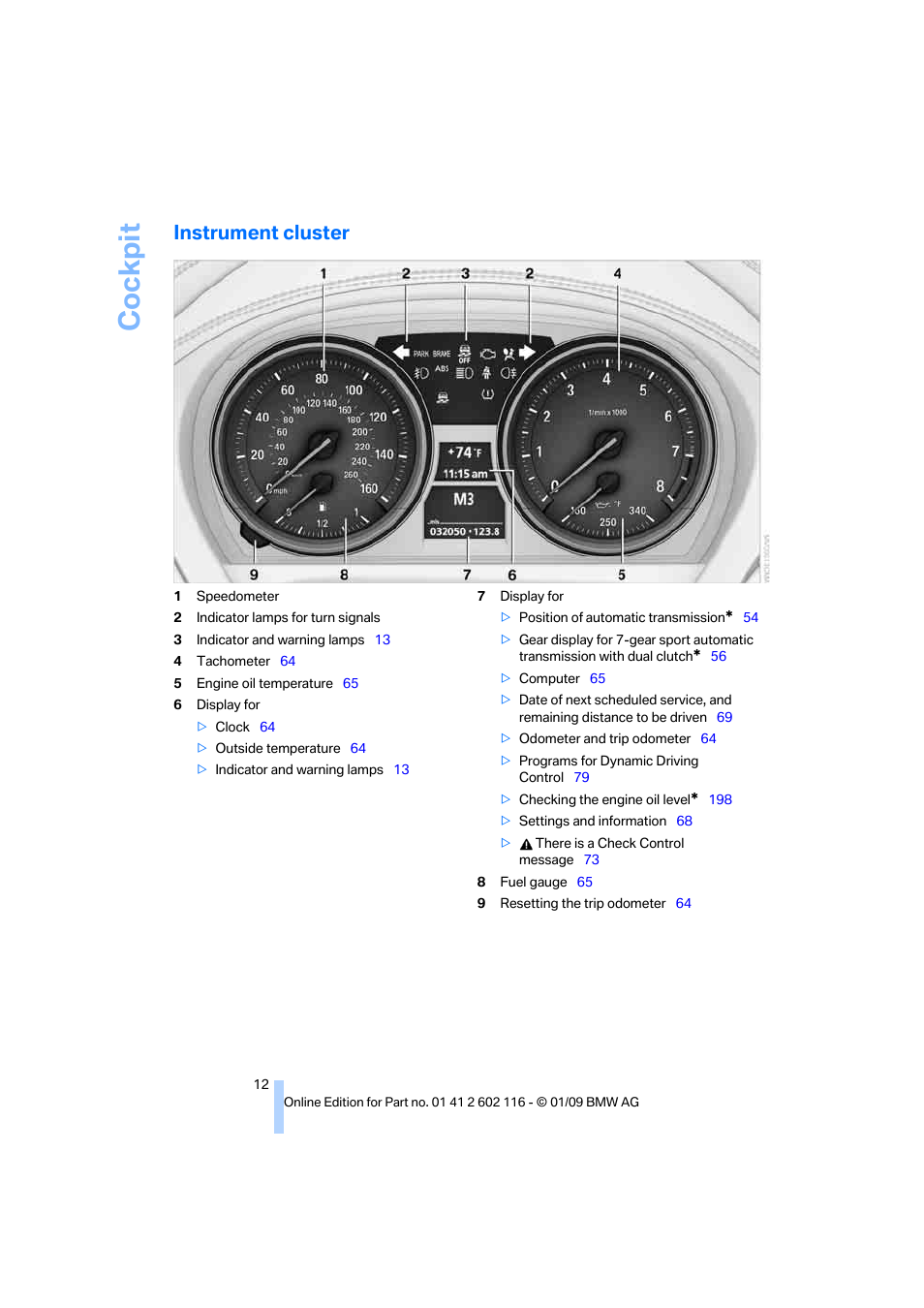 Instrument cluster, Cockpit | BMW Z4 sDrive35i 2009 User Manual | Page 14 / 248