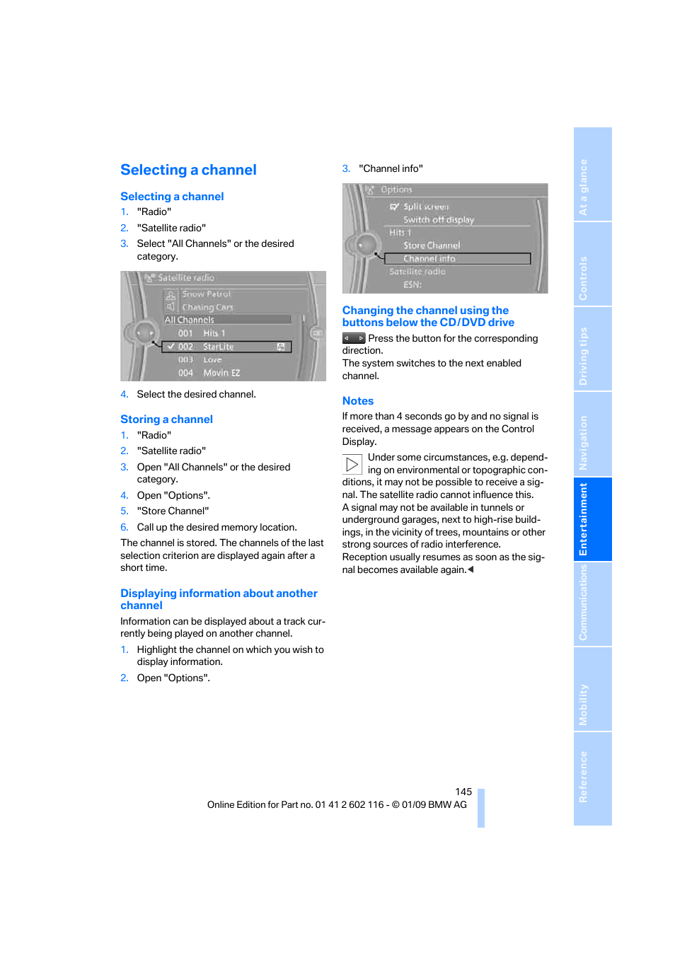 Selecting a channel | BMW Z4 sDrive35i 2009 User Manual | Page 147 / 248