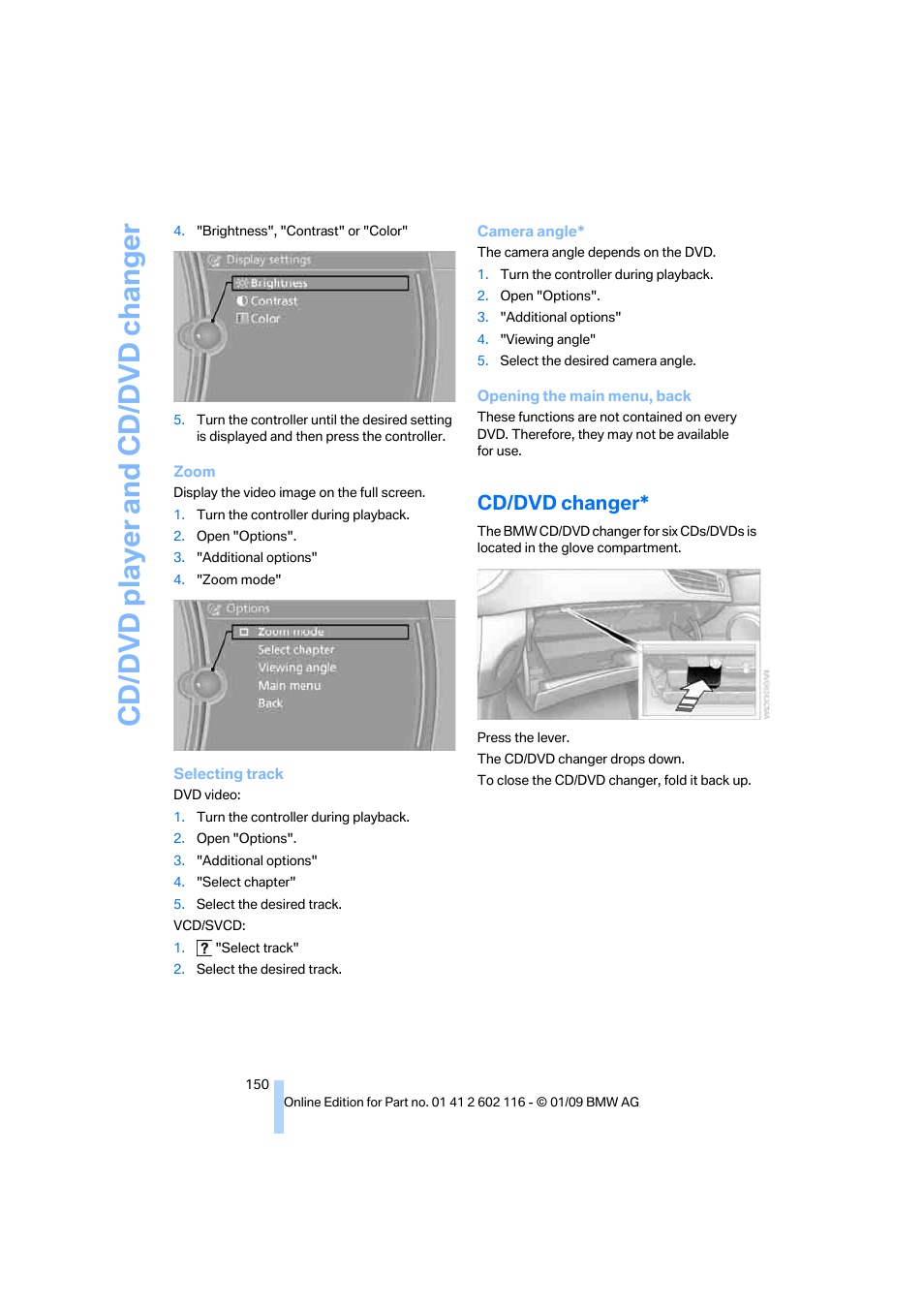 Cd/dvd changer, Cd/dvd player and cd/dvd changer | BMW Z4 sDrive35i 2009 User Manual | Page 152 / 248