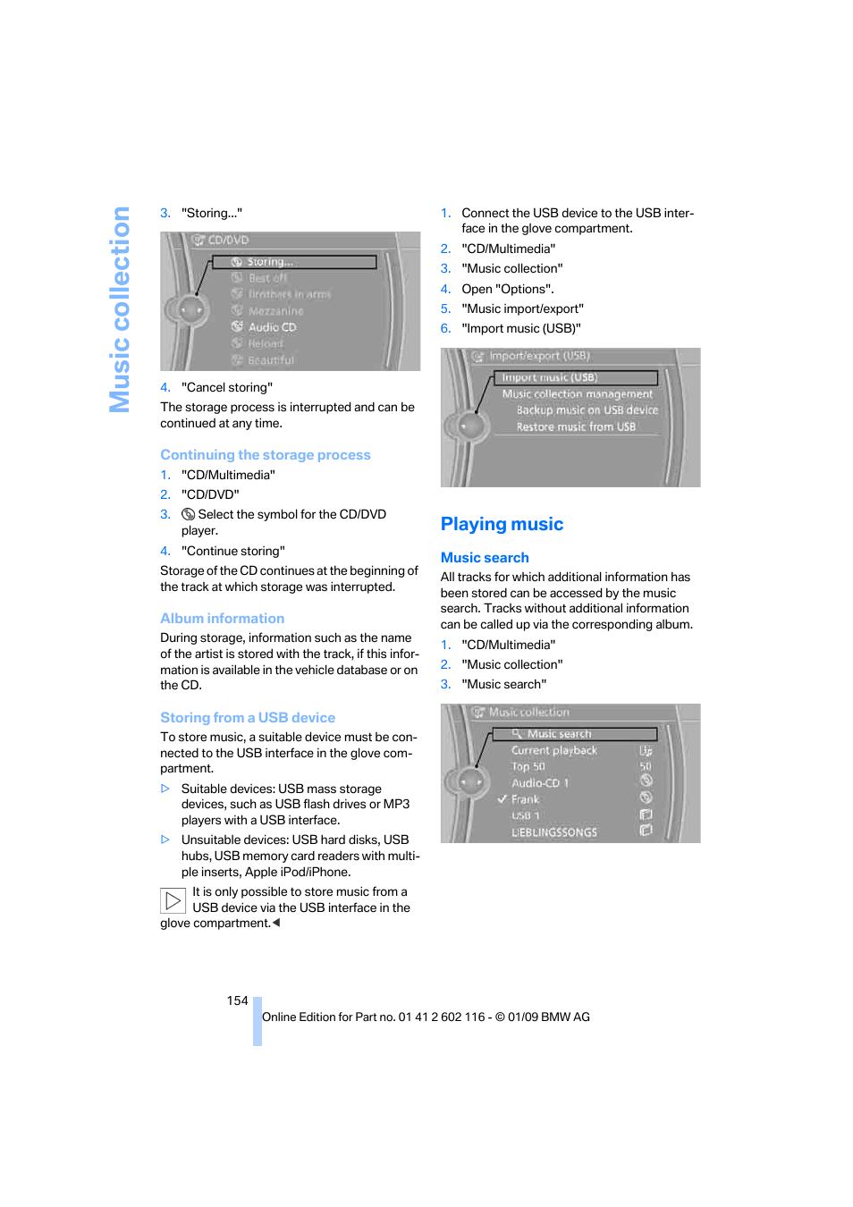 Playing music, Music collection | BMW Z4 sDrive35i 2009 User Manual | Page 156 / 248