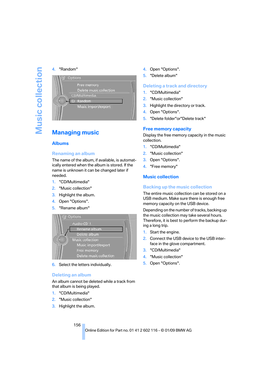 Managing music, Music collection | BMW Z4 sDrive35i 2009 User Manual | Page 158 / 248