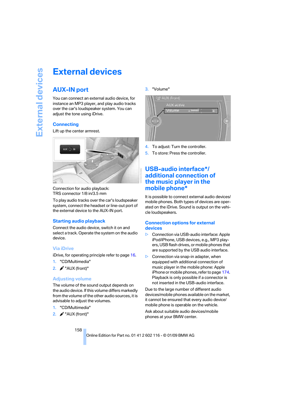 External devices, Aux-in port | BMW Z4 sDrive35i 2009 User Manual | Page 160 / 248