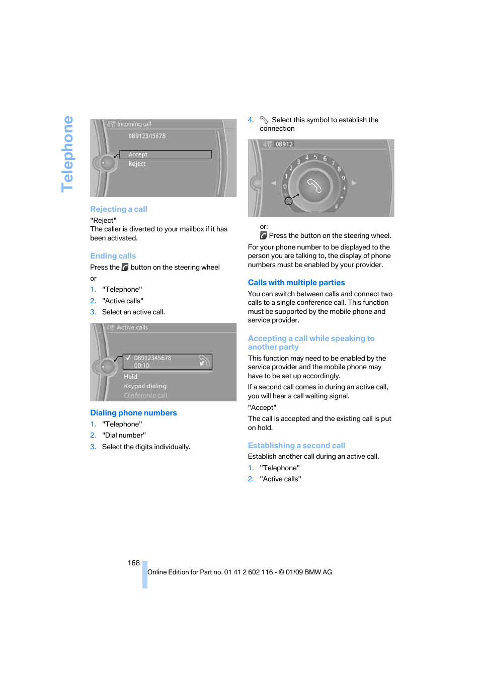 Te lephone | BMW Z4 sDrive35i 2009 User Manual | Page 170 / 248