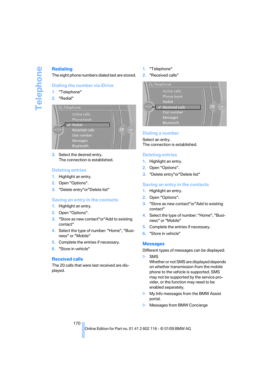 Te lephone | BMW Z4 sDrive35i 2009 User Manual | Page 172 / 248