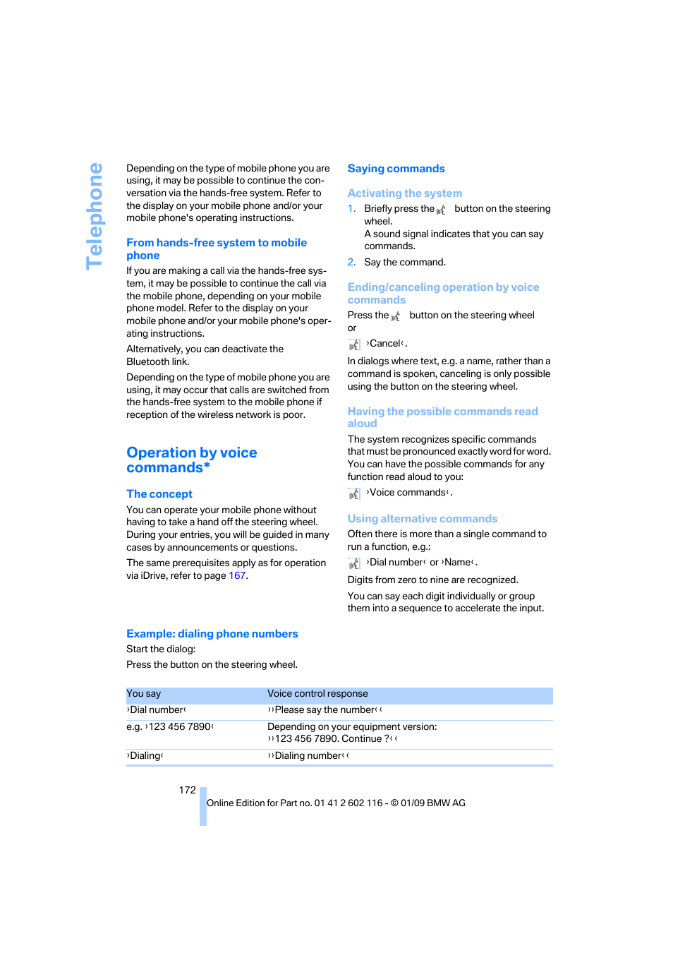 Operation by voice commands, Te lephone | BMW Z4 sDrive35i 2009 User Manual | Page 174 / 248