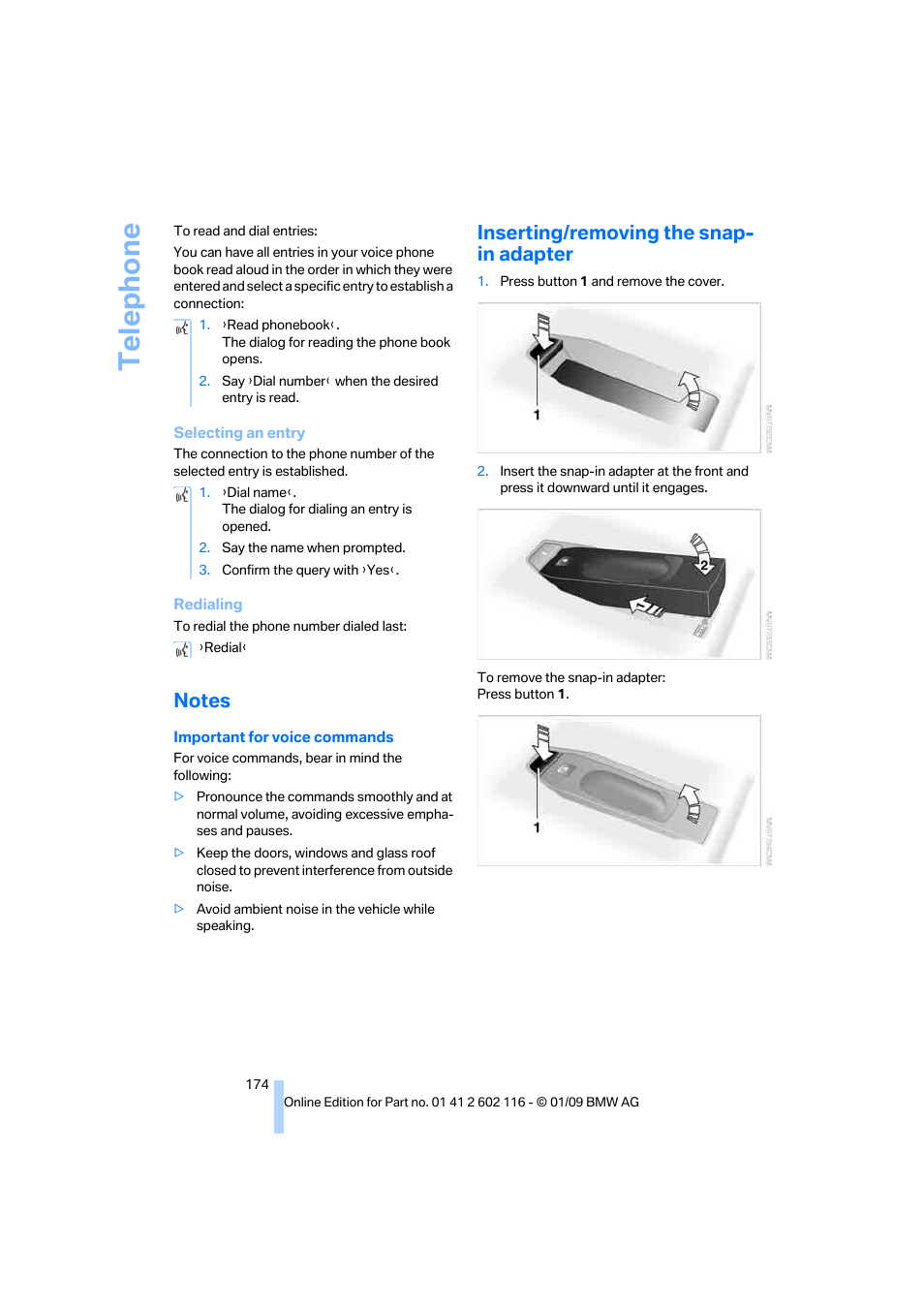 Notes, Inserting/removing the snap- in adapter, Te lephone | BMW Z4 sDrive35i 2009 User Manual | Page 176 / 248