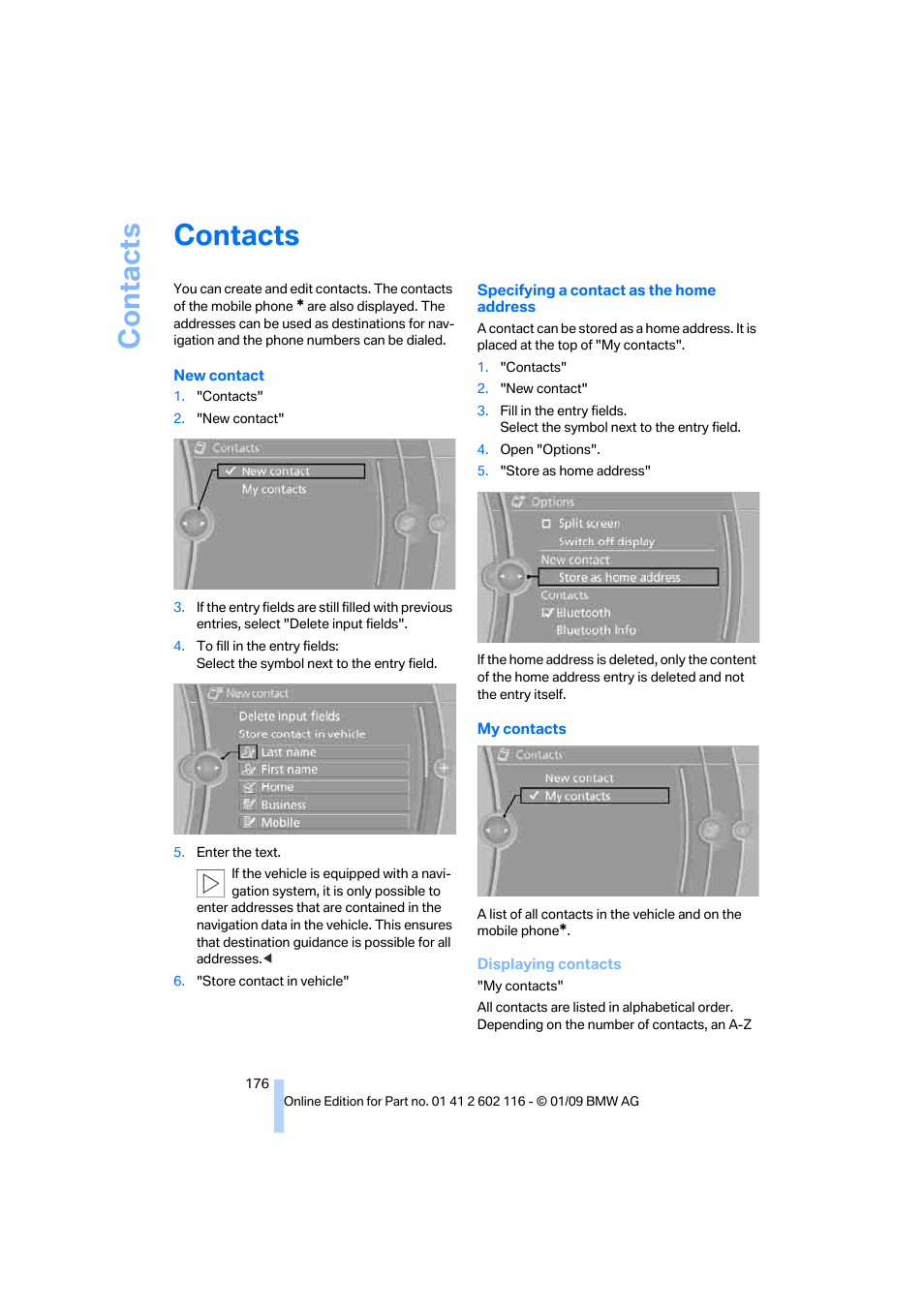 Contacts | BMW Z4 sDrive35i 2009 User Manual | Page 178 / 248