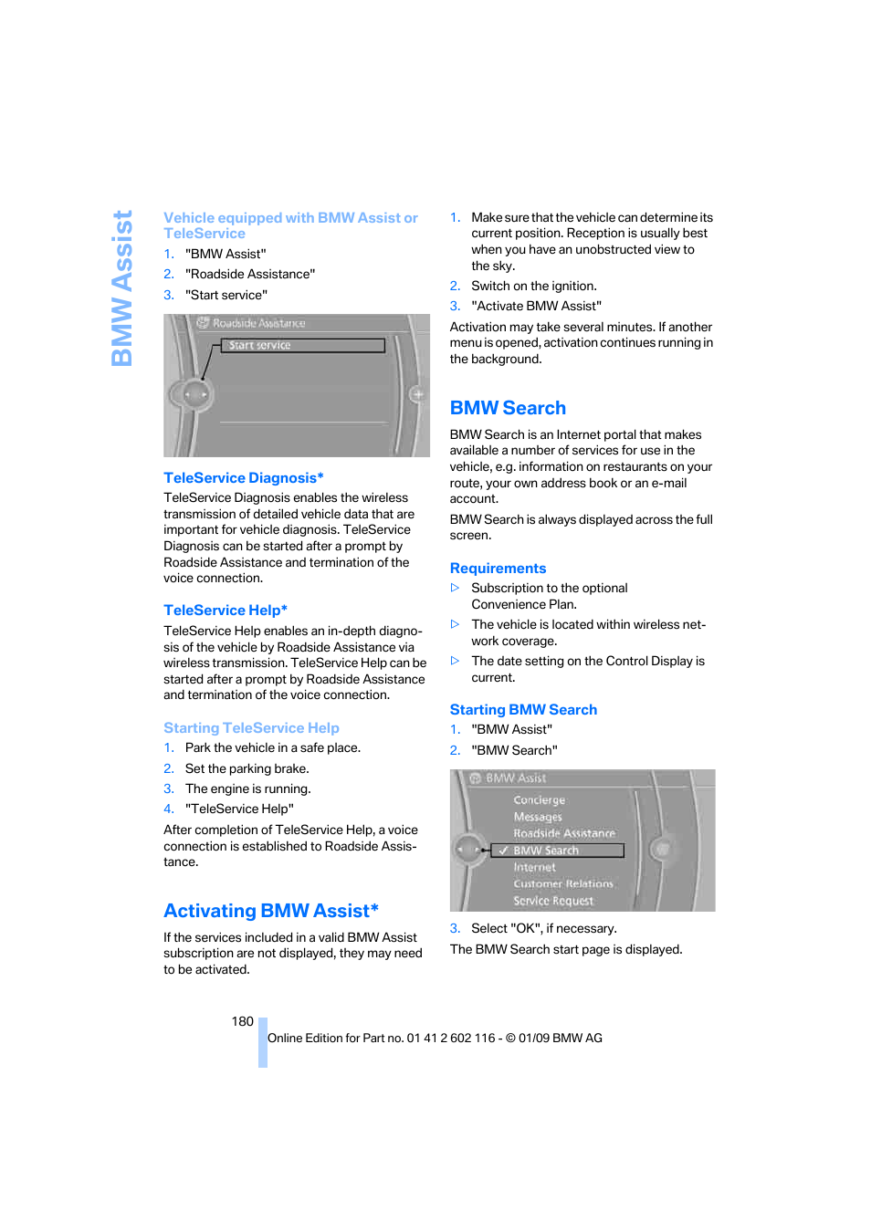 Activating bmw assist, Bmw search, Bmw assist | BMW Z4 sDrive35i 2009 User Manual | Page 182 / 248