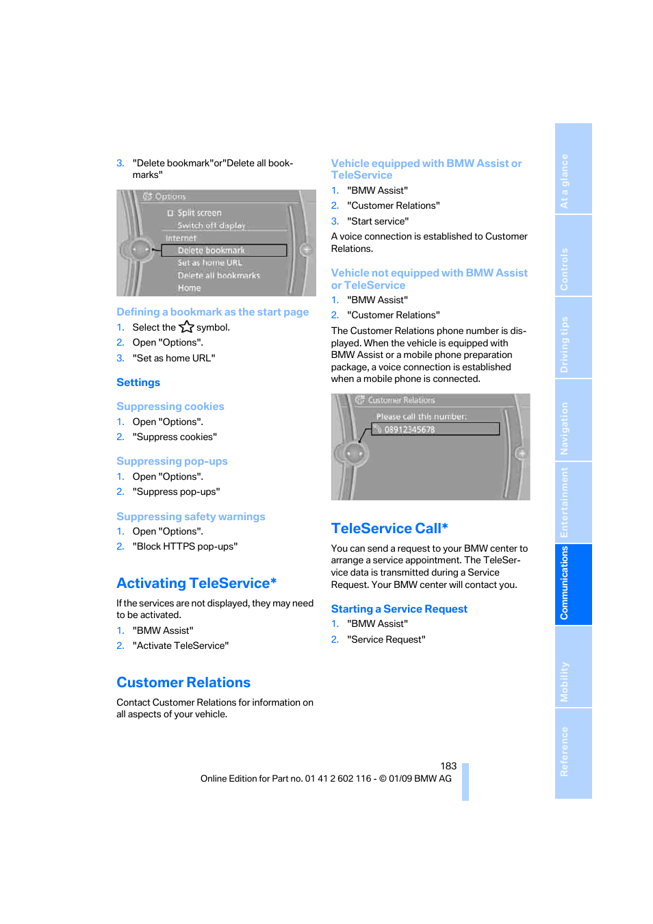 Activating teleservice, Customer relations, Teleservice call | BMW Z4 sDrive35i 2009 User Manual | Page 185 / 248