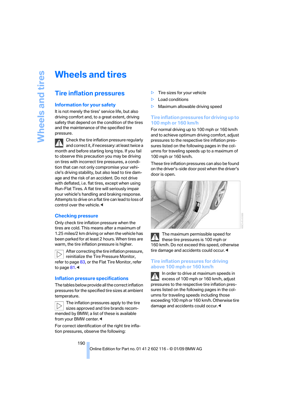 Wheels and tires, Tire inflation pressures | BMW Z4 sDrive35i 2009 User Manual | Page 192 / 248