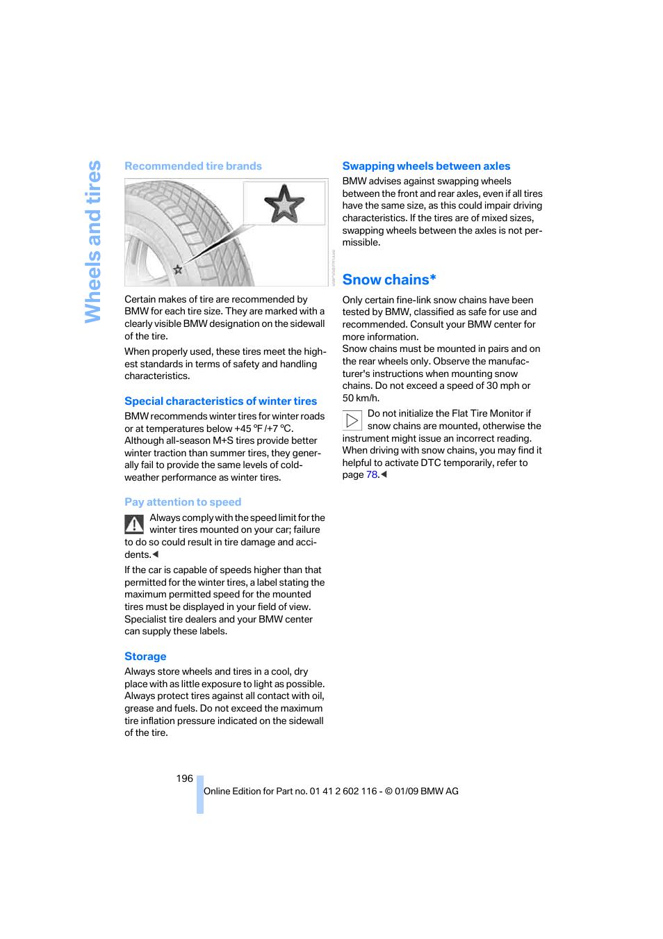 Snow chains, Wheels and tires | BMW Z4 sDrive35i 2009 User Manual | Page 198 / 248