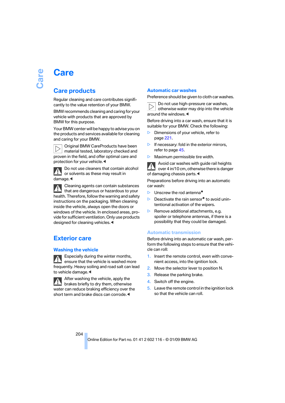 Care, Care products, Exterior care | BMW Z4 sDrive35i 2009 User Manual | Page 206 / 248