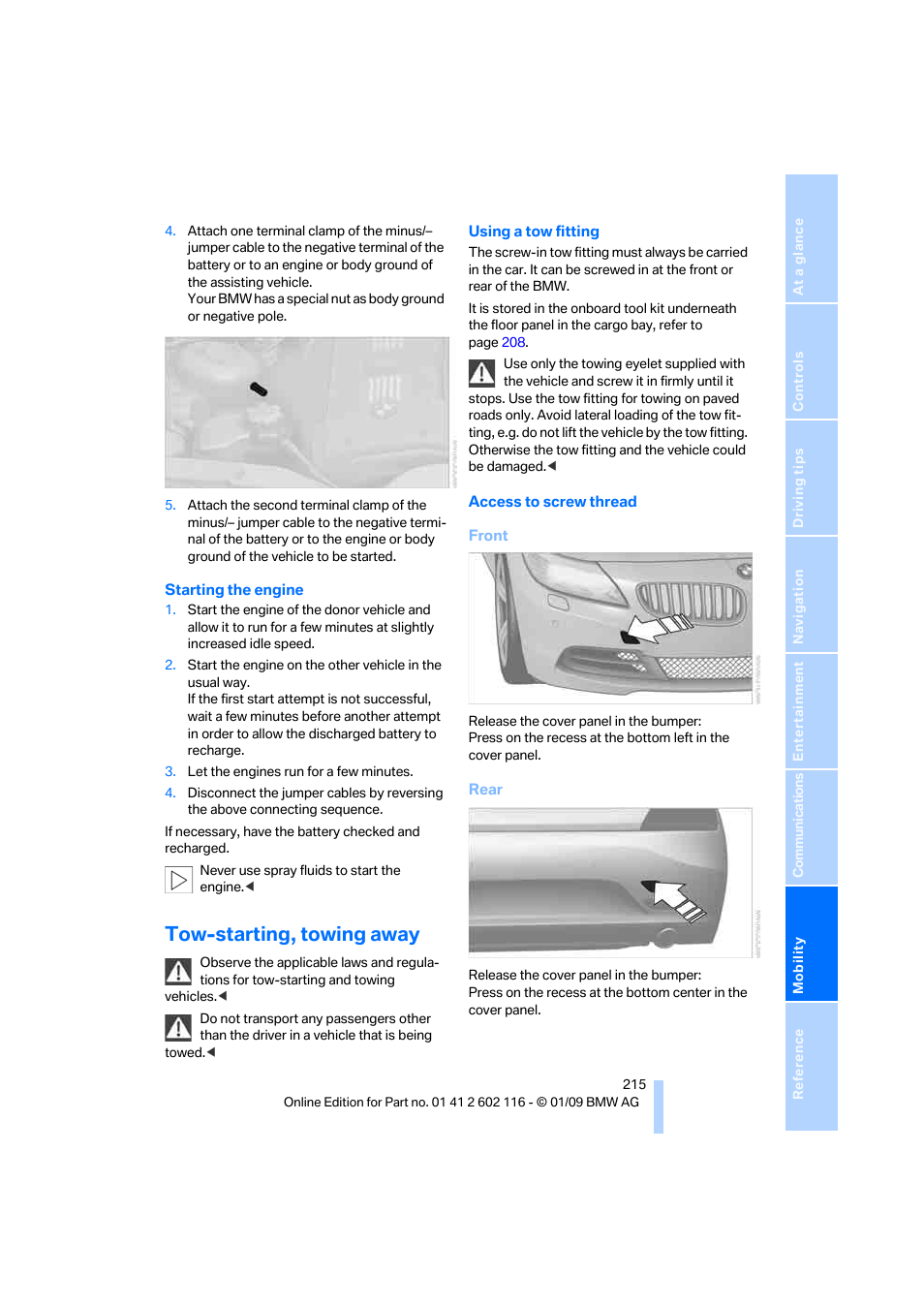 Tow-starting, towing away | BMW Z4 sDrive35i 2009 User Manual | Page 217 / 248