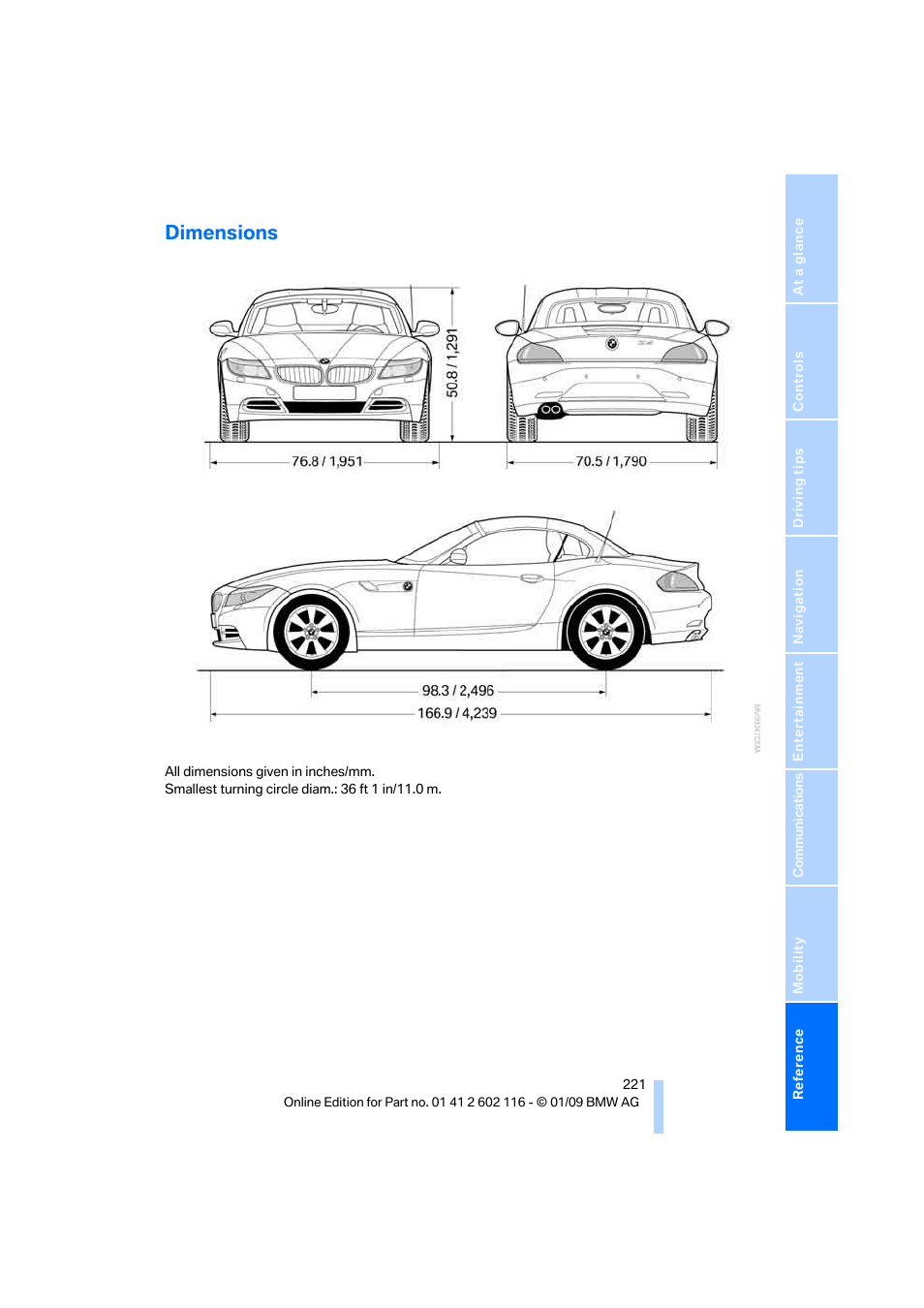 Dimensions | BMW Z4 sDrive35i 2009 User Manual | Page 223 / 248