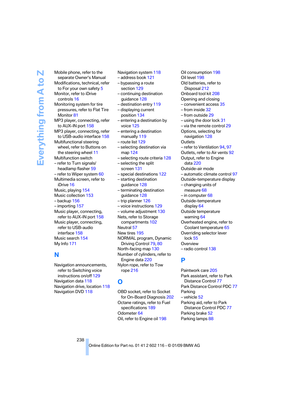 Everything from a to z | BMW Z4 sDrive35i 2009 User Manual | Page 240 / 248