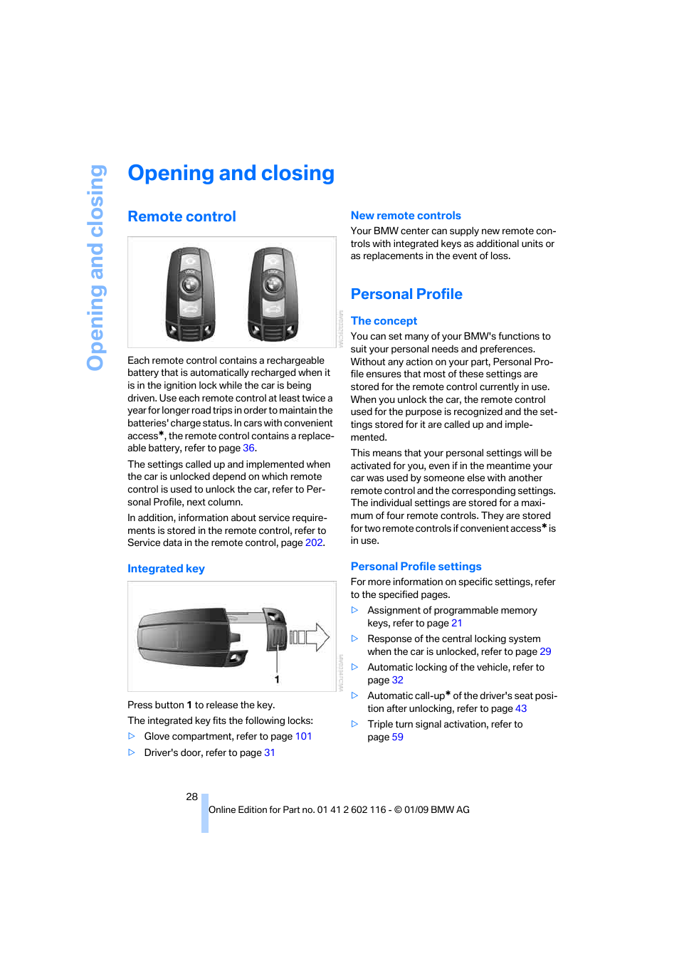 Opening and closing, Remote control, Personal profile | BMW Z4 sDrive35i 2009 User Manual | Page 30 / 248