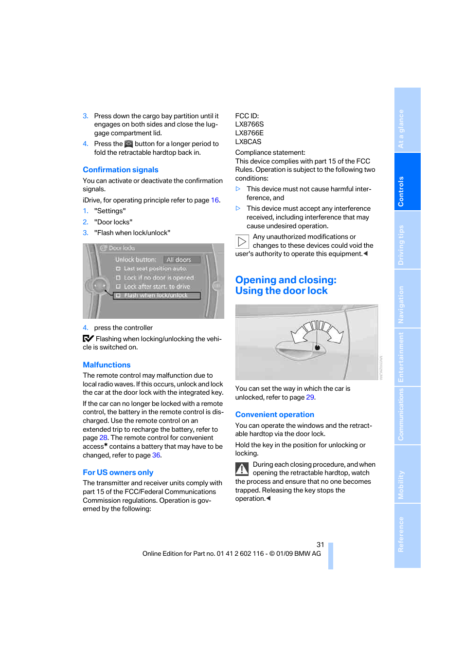 Opening and closing: using the door lock | BMW Z4 sDrive35i 2009 User Manual | Page 33 / 248