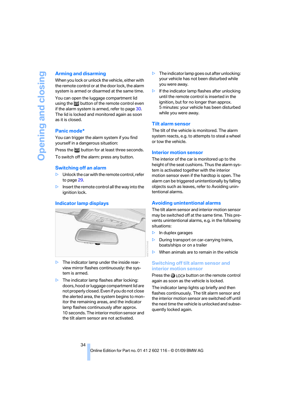 Interior motion sensor, re, Opening and closing | BMW Z4 sDrive35i 2009 User Manual | Page 36 / 248