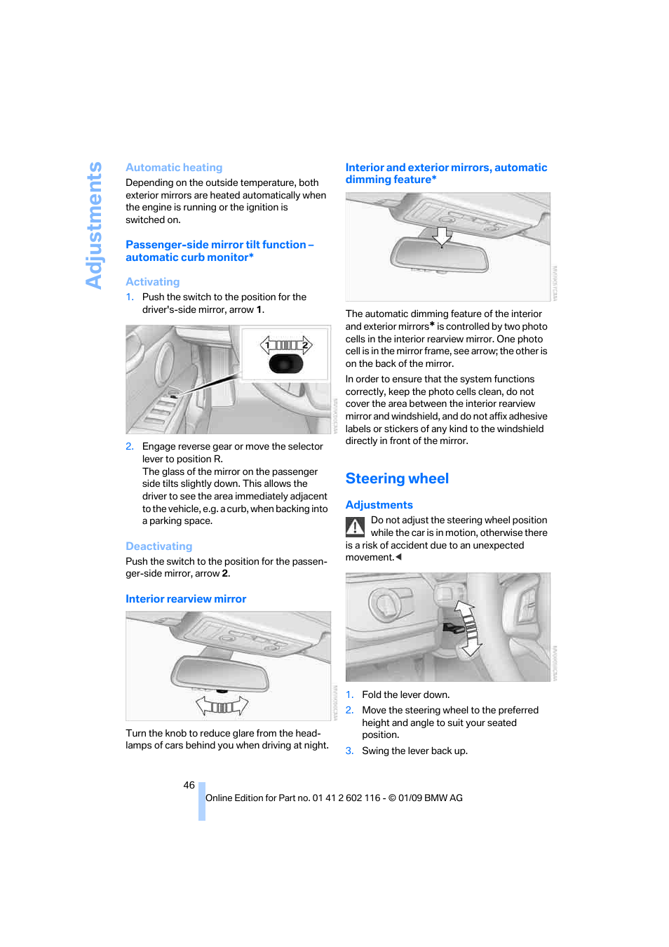 Steering wheel, Adjustments | BMW Z4 sDrive35i 2009 User Manual | Page 48 / 248