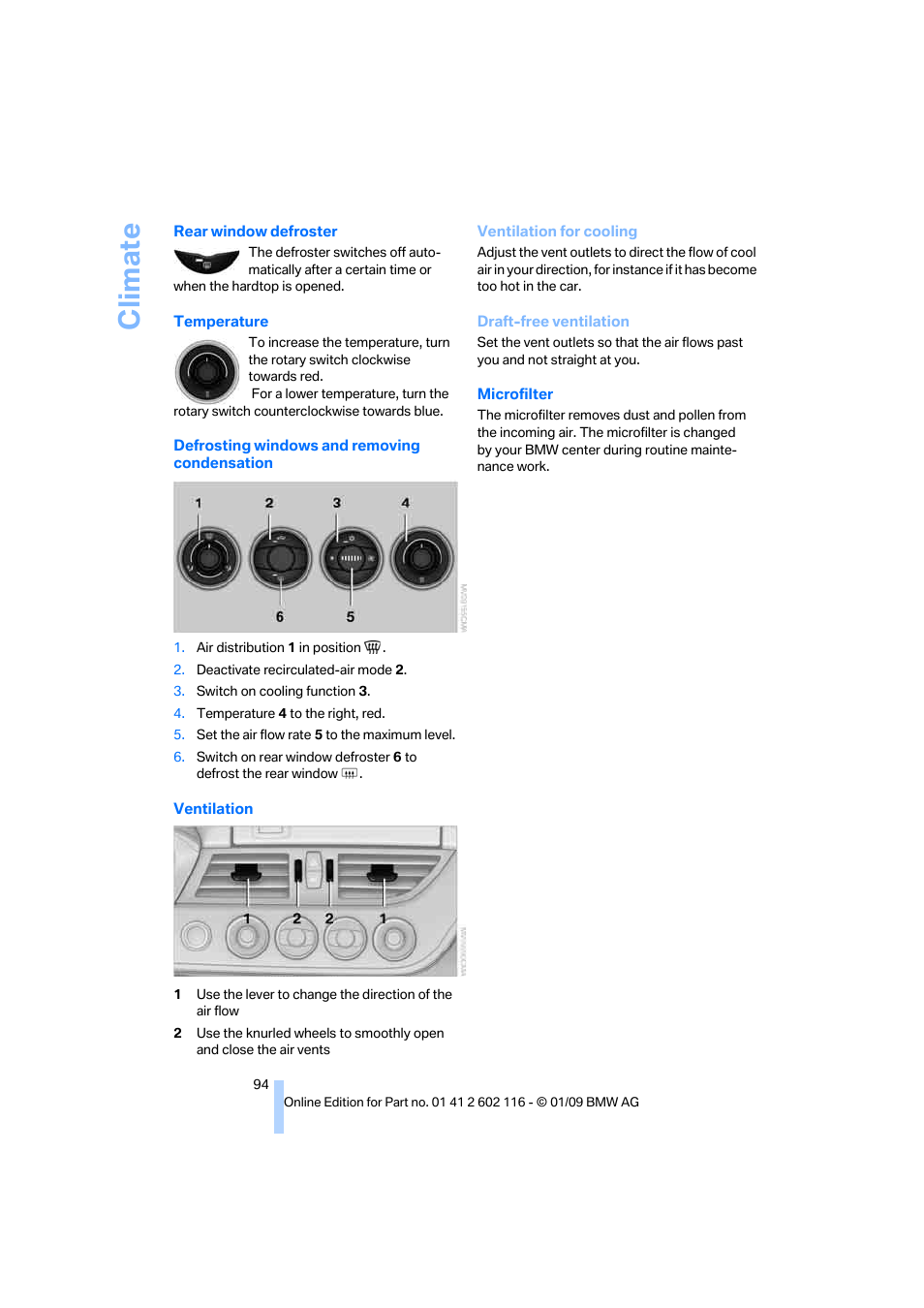 Climate | BMW Z4 sDrive35i 2009 User Manual | Page 96 / 248