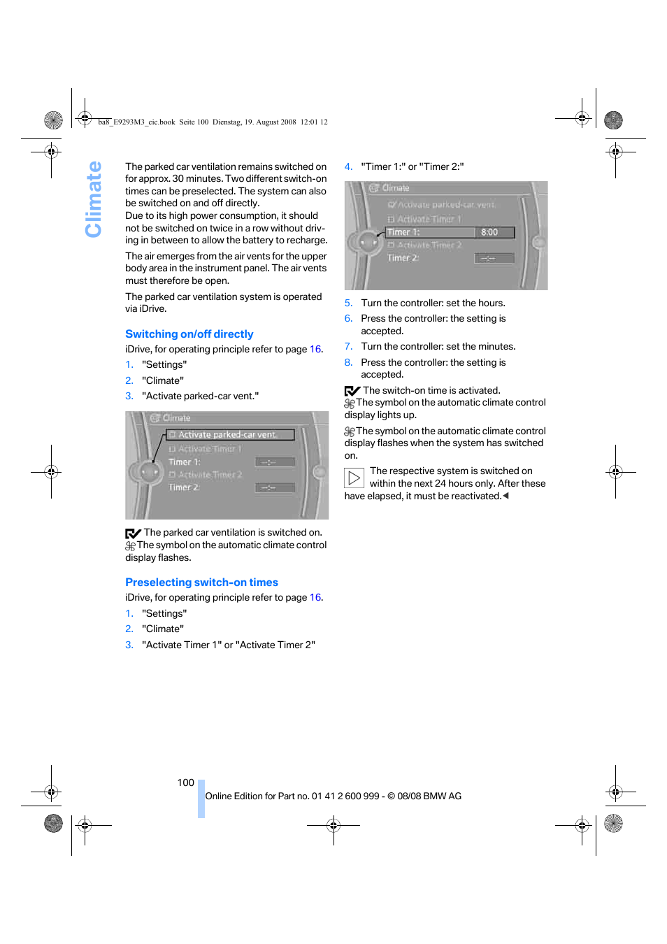 Climate | BMW M3 Convertible 2009 User Manual | Page 102 / 256