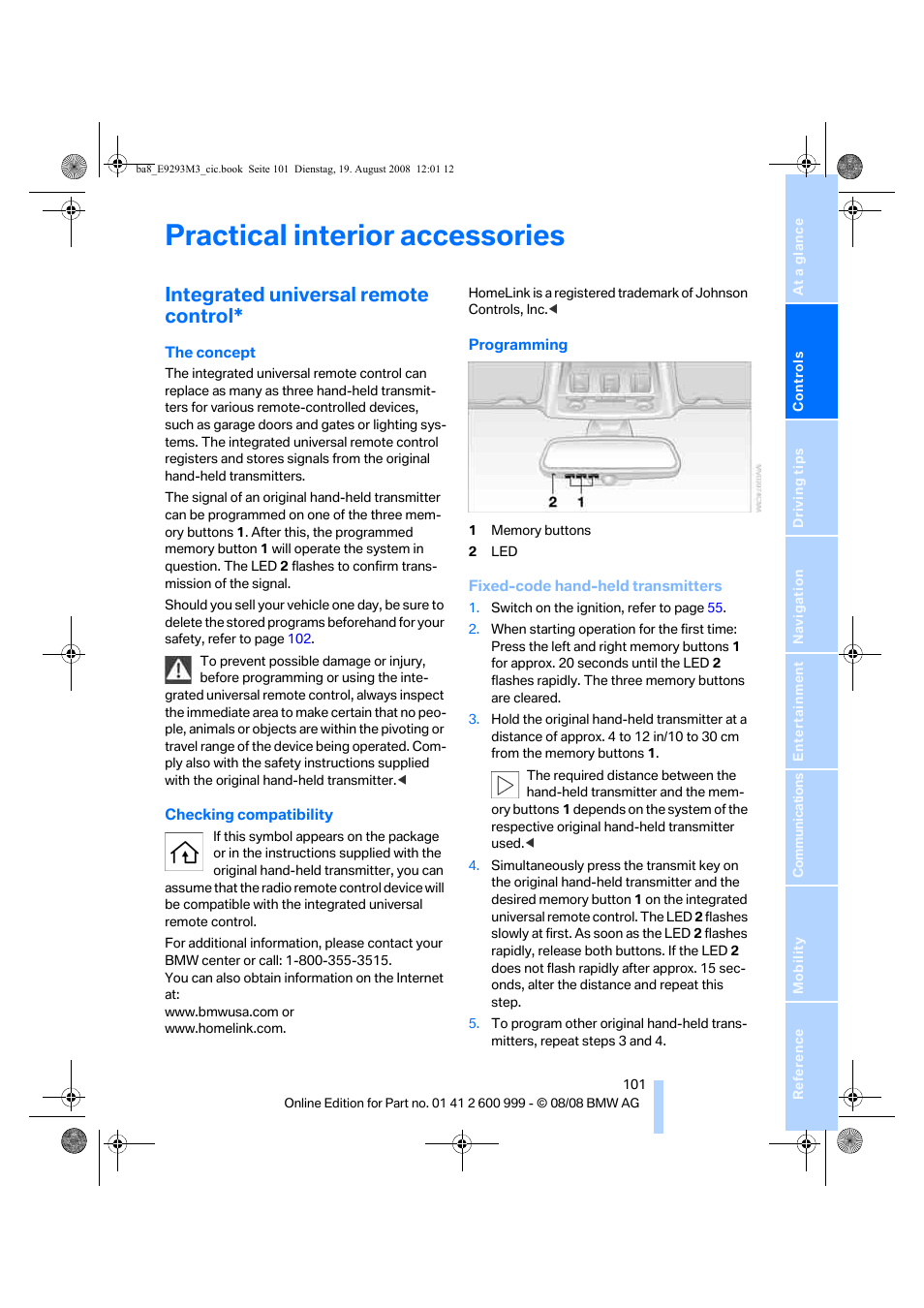 Practical interior accessories, Integrated universal remote control | BMW M3 Convertible 2009 User Manual | Page 103 / 256