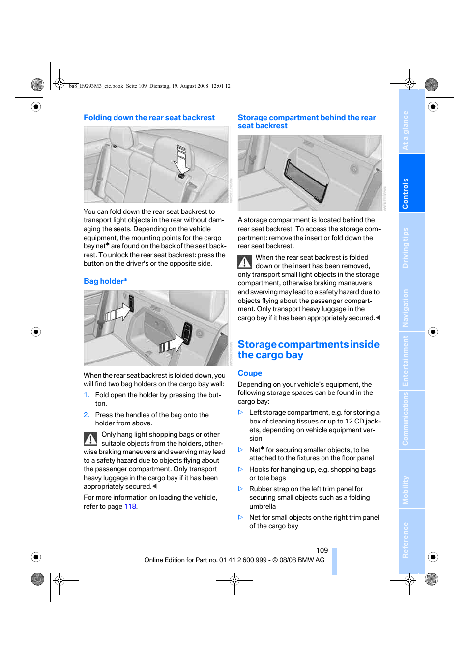 Storage compartments inside the cargo bay | BMW M3 Convertible 2009 User Manual | Page 111 / 256