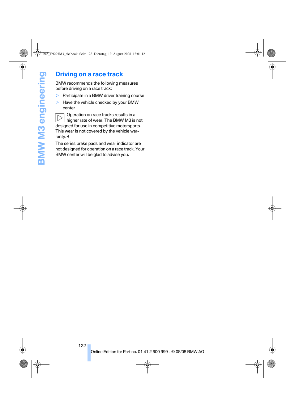 Driving on a race track, Bmw m3 engineering | BMW M3 Convertible 2009 User Manual | Page 124 / 256