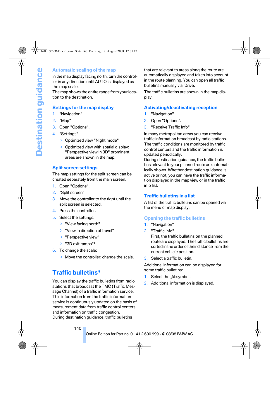 Traffic bulletins, Destination guidance | BMW M3 Convertible 2009 User Manual | Page 142 / 256