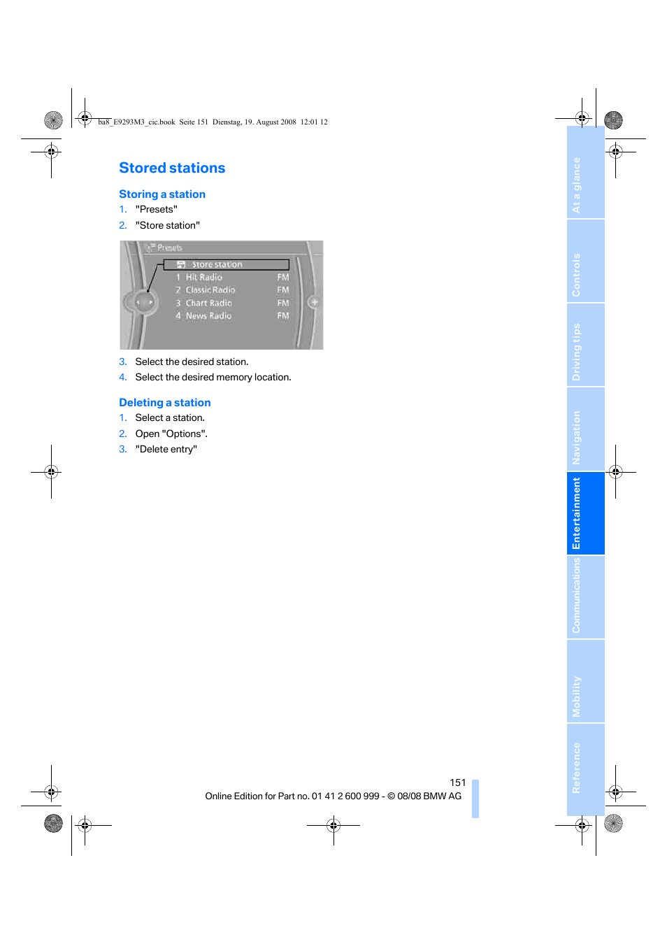 Stored stations | BMW M3 Convertible 2009 User Manual | Page 153 / 256
