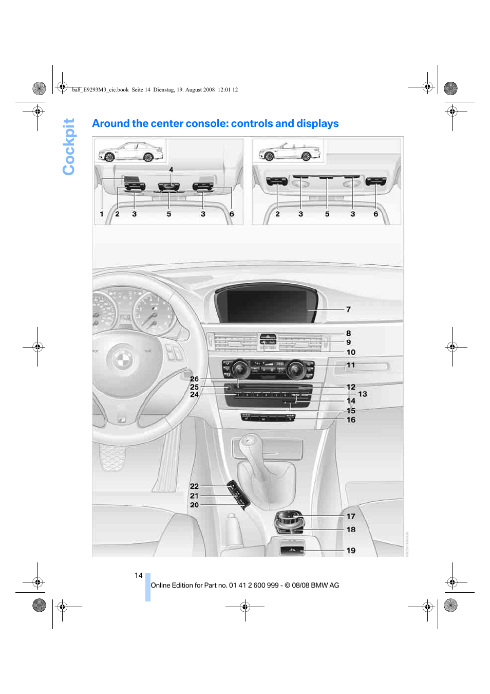 Around the center console: controls and displays, Cockpit | BMW M3 Convertible 2009 User Manual | Page 16 / 256