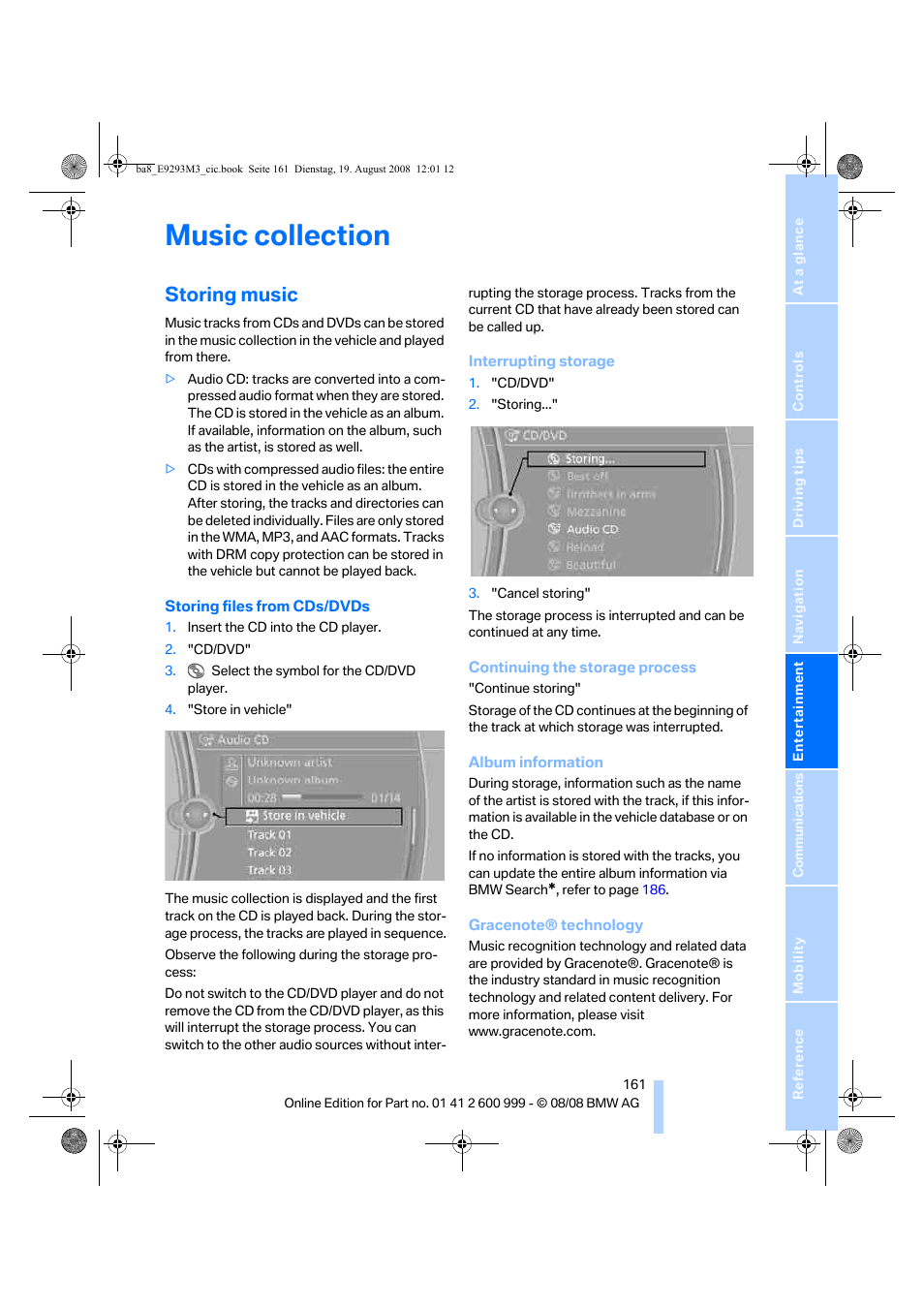 Music collection, Storing music | BMW M3 Convertible 2009 User Manual | Page 163 / 256