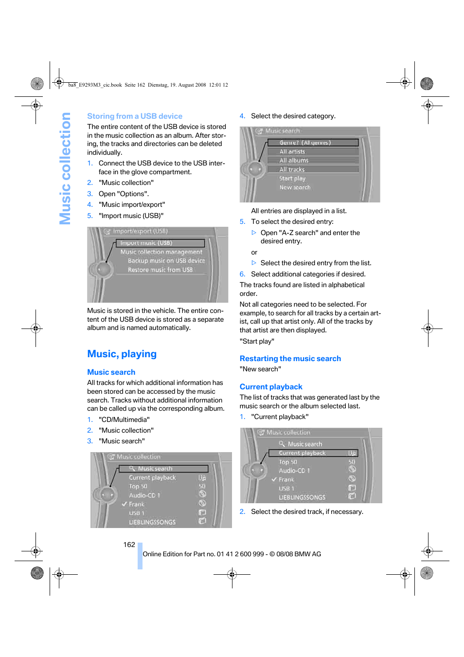 Music, playing, Music collection | BMW M3 Convertible 2009 User Manual | Page 164 / 256