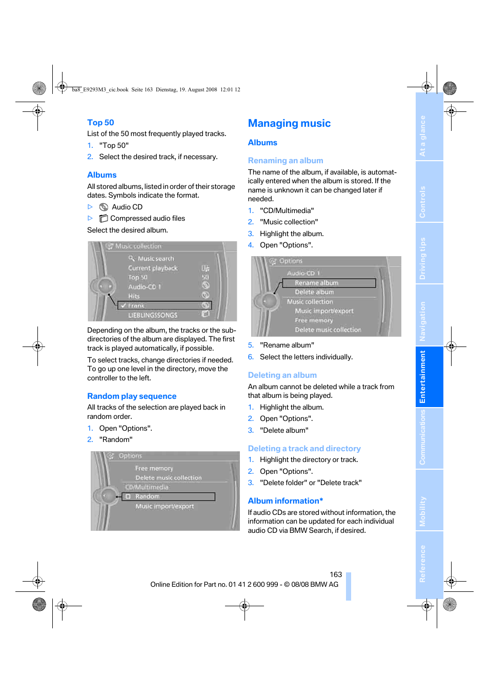 Managing music | BMW M3 Convertible 2009 User Manual | Page 165 / 256