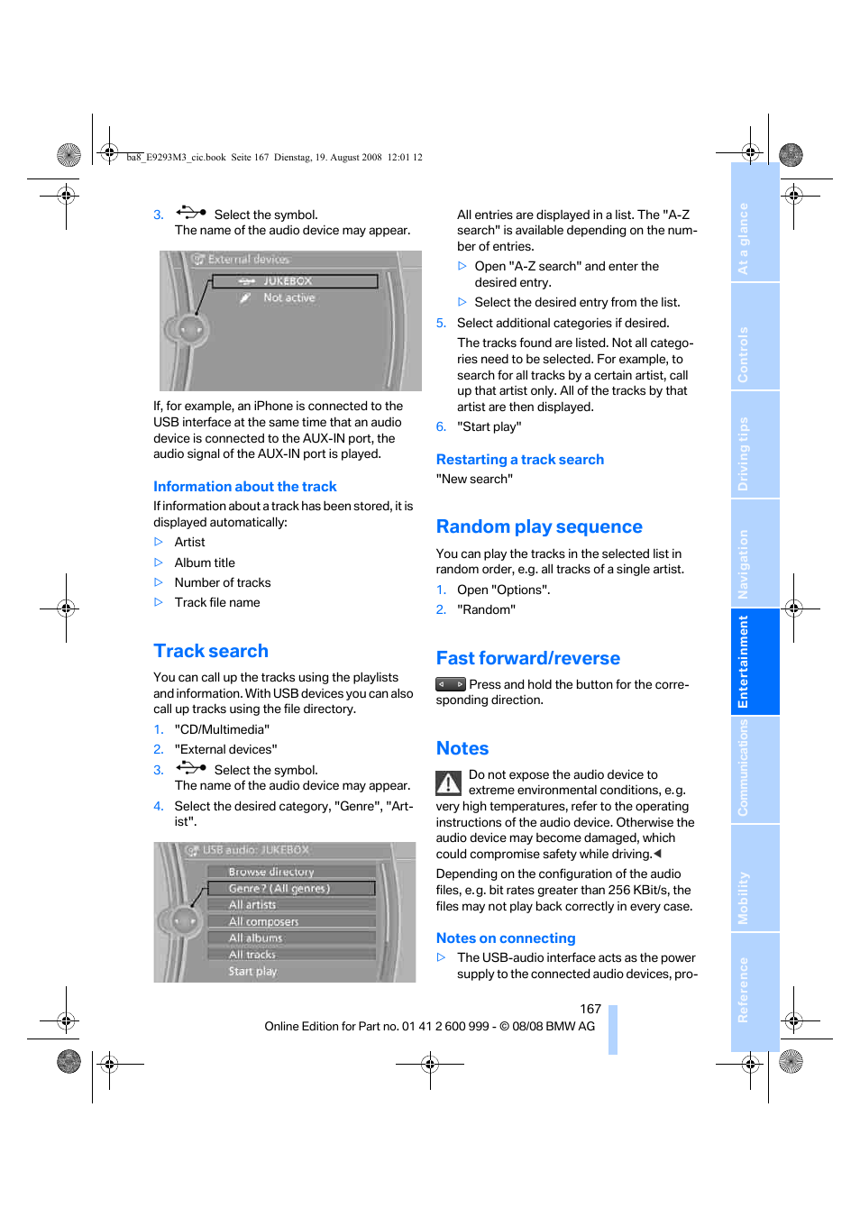 Track search, Random play sequence, Fast forward/reverse | Notes | BMW M3 Convertible 2009 User Manual | Page 169 / 256