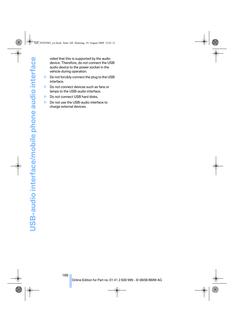 Usb-audio interface/mobile phone audio interface | BMW M3 Convertible 2009 User Manual | Page 170 / 256